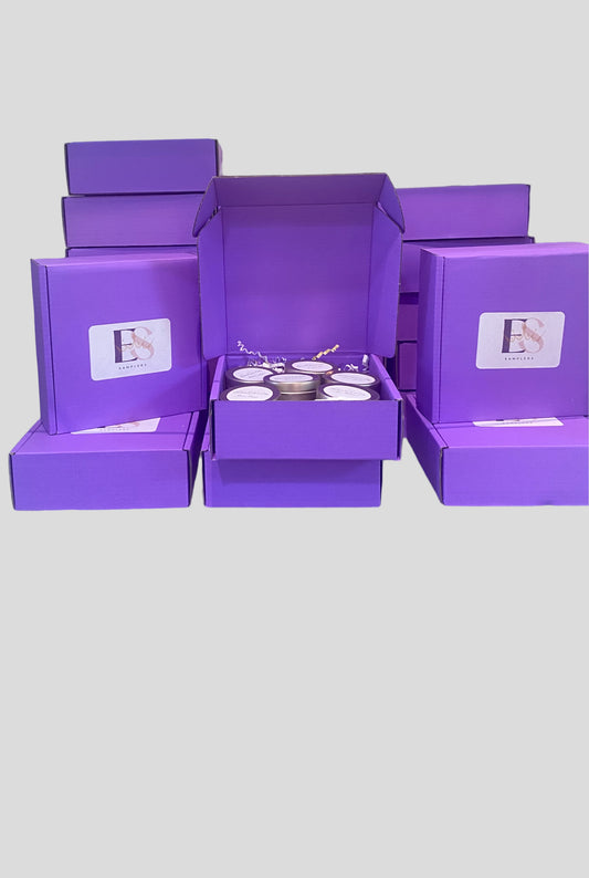 purple boxes with sample candles